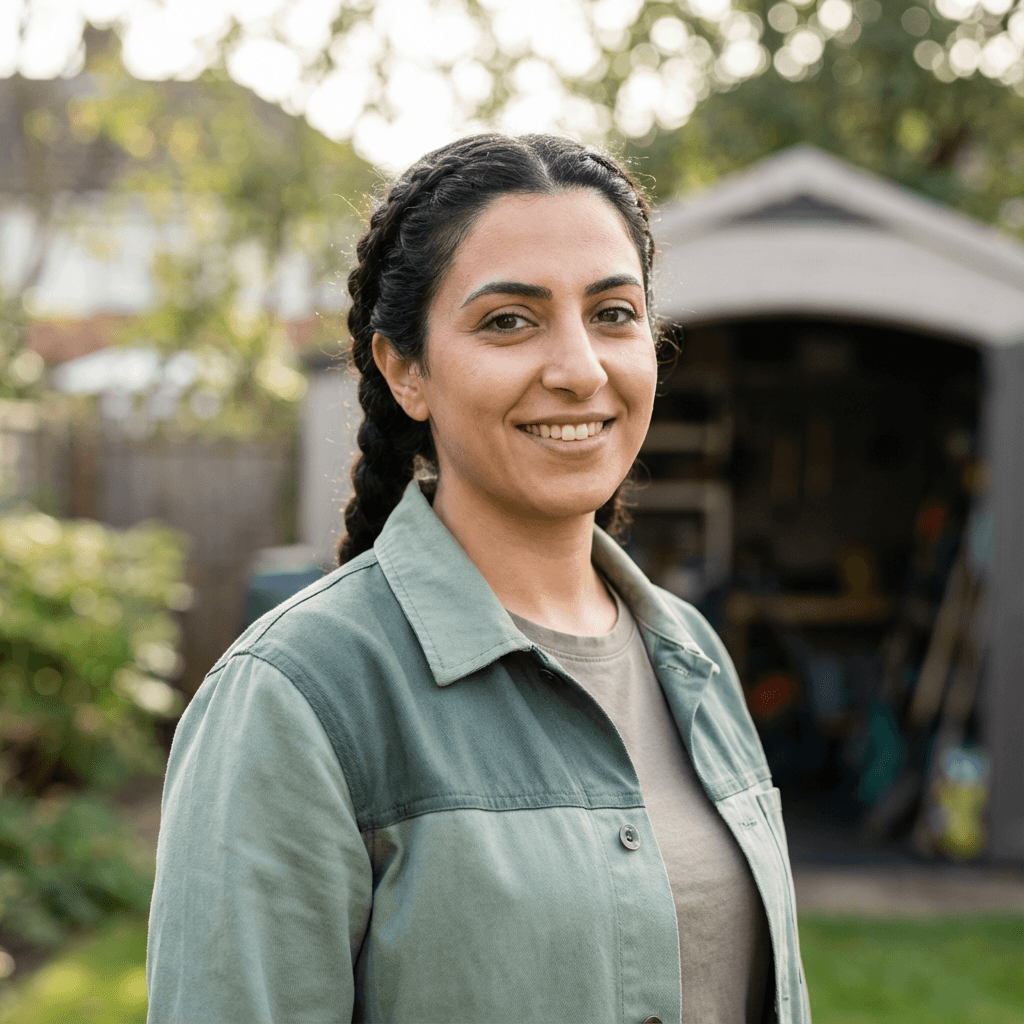 Monica Delgado smiling in her backyard