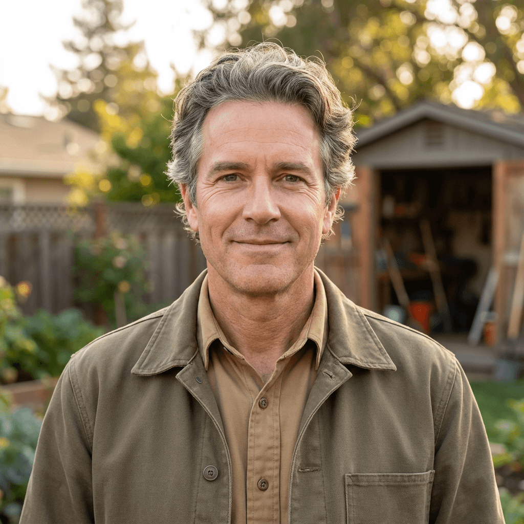 Daniel Reid, male homeowner in his mid 30s, White, casual friendly appearance, standing in a backyard