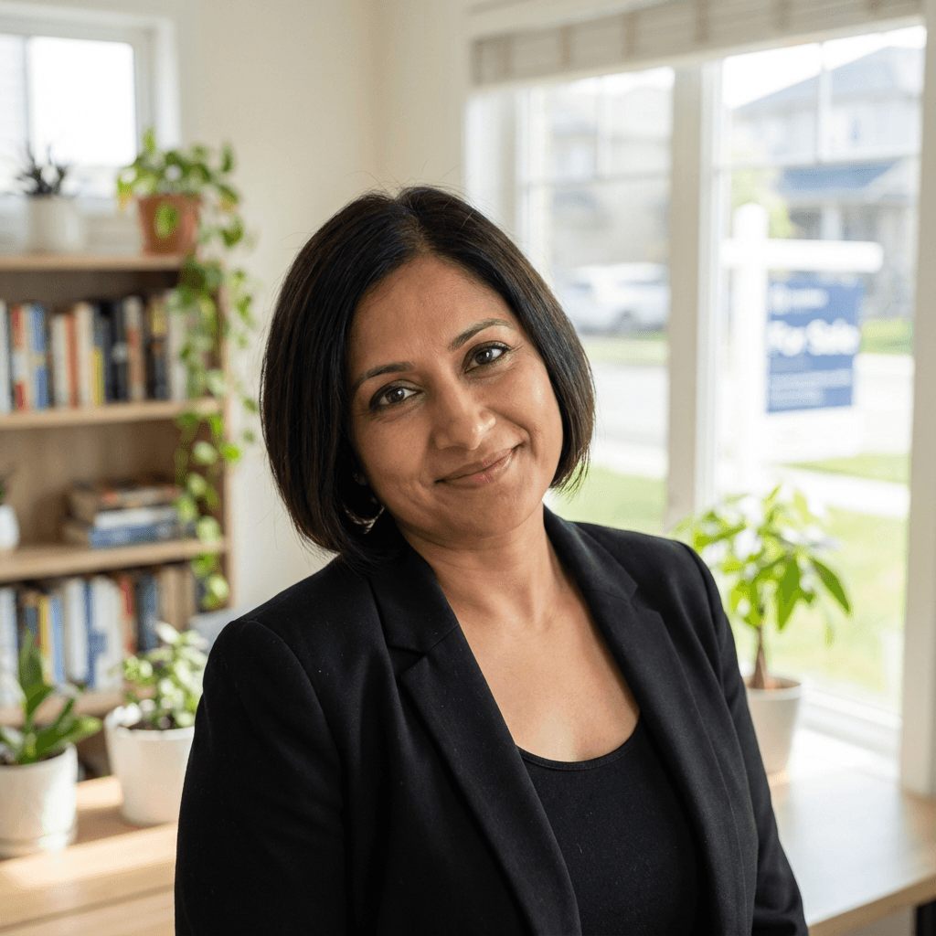 Priya Sharma, female property manager in her early 40s, South Asian, professional appearance, at an office building