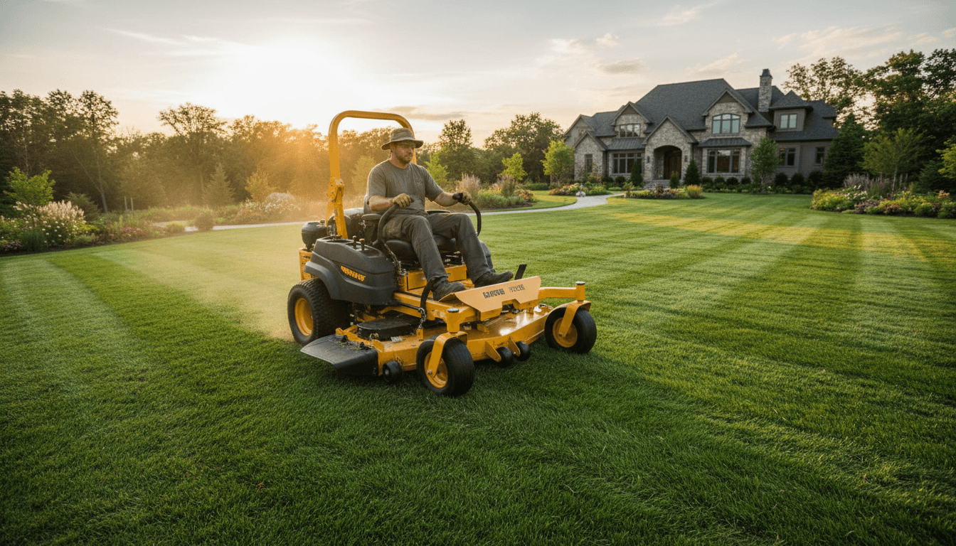 Professional landscaper mowing a lush green lawn in Toronto