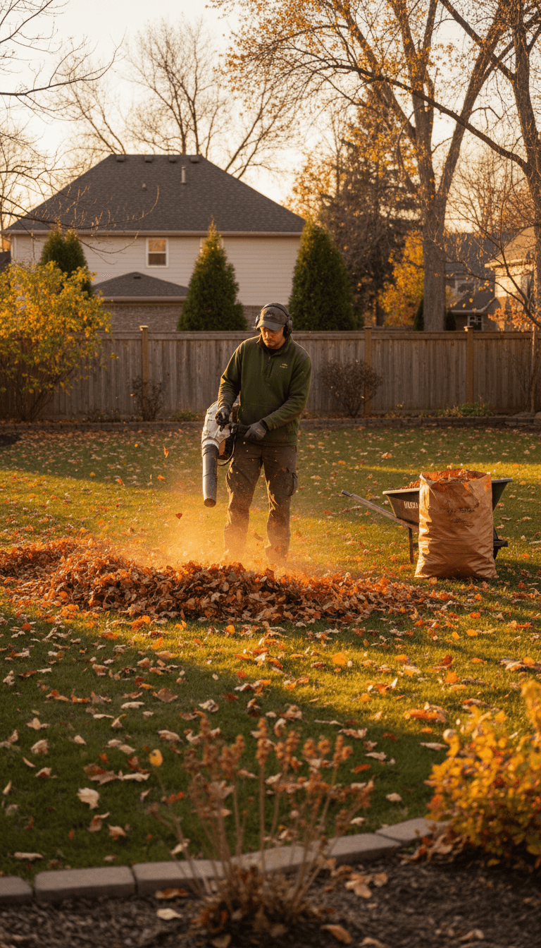 Lawn care professional clearing leaves from a Toronto yard