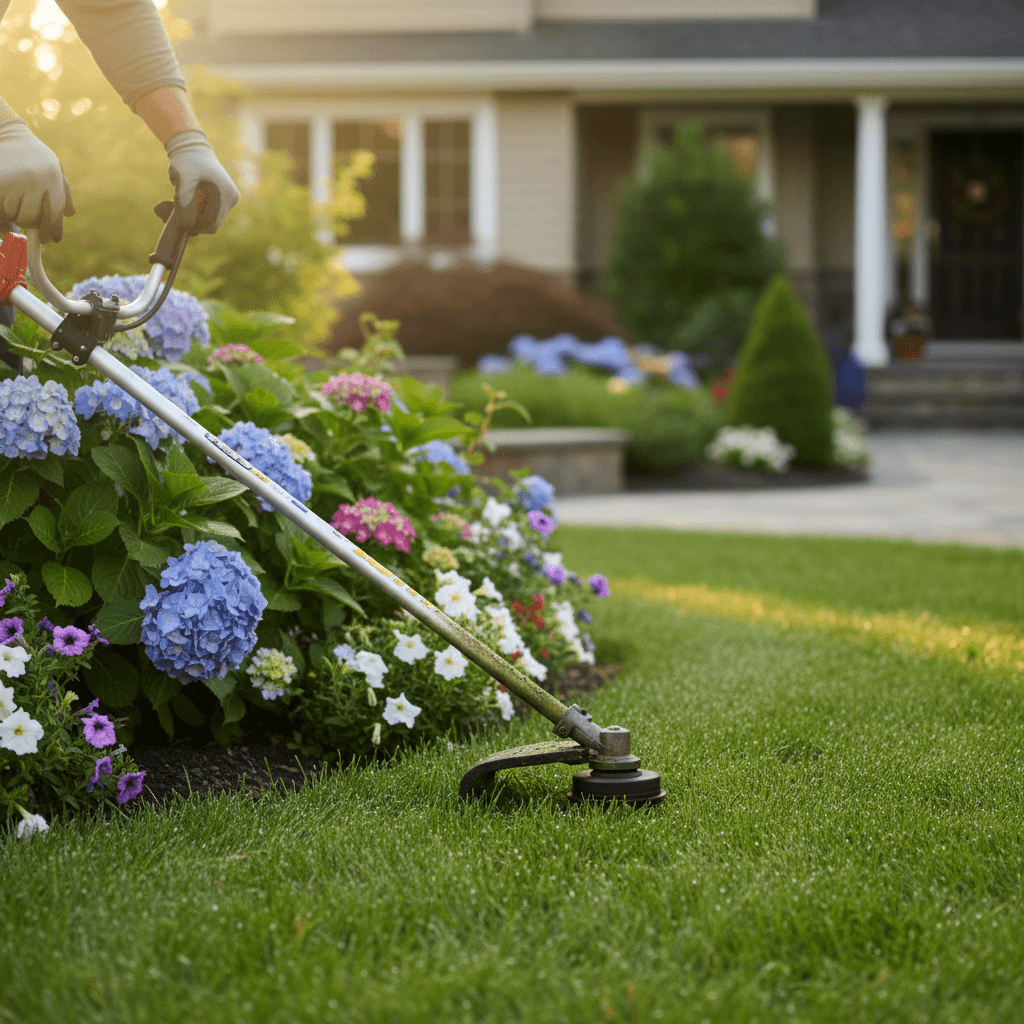 Lawn care worker trimming grass with professional equipment