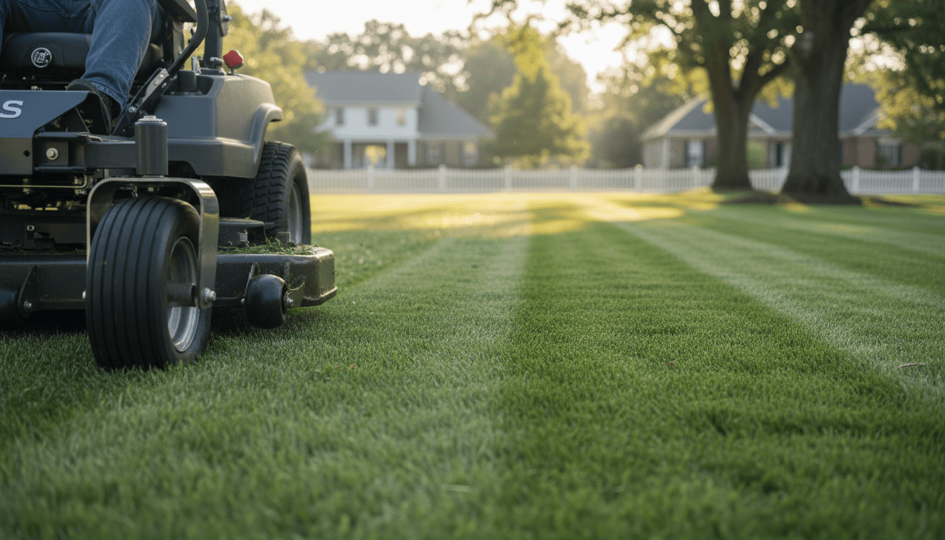 Lush green mowed lawn with stripes in front of a suburban home